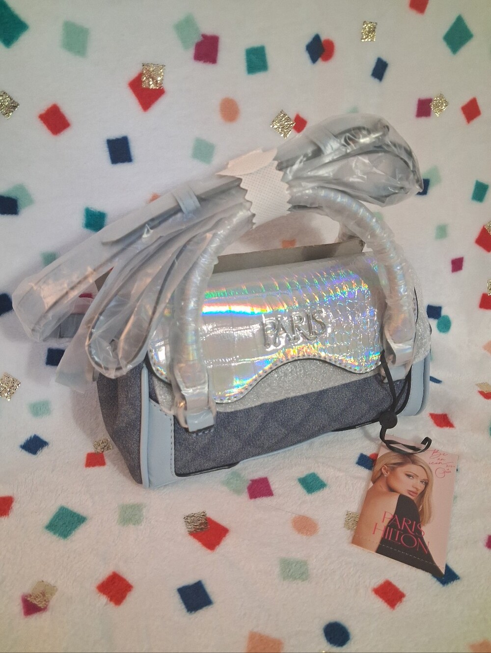 Paris Hilton Mason Mini Tote Crossbody Denim Holographic Iridescent NWT Easter